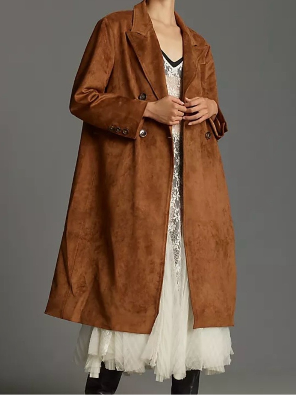 Anthropologie Classic Double-Breasted Suede-like Brown Long Coat